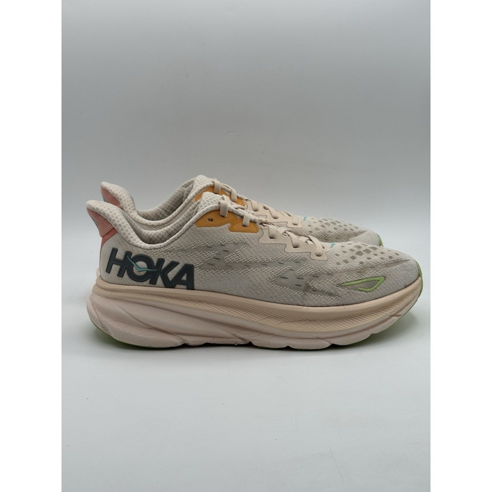 Hoka One One Women's Beige Athletic Shoes with Black Logo and Green Accent